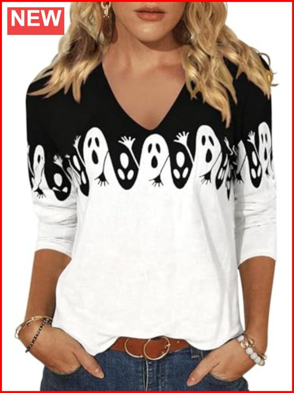 Women's Halloween 3/4 Sleeve V Neck Graphic T-Shirt Casual Fall Top